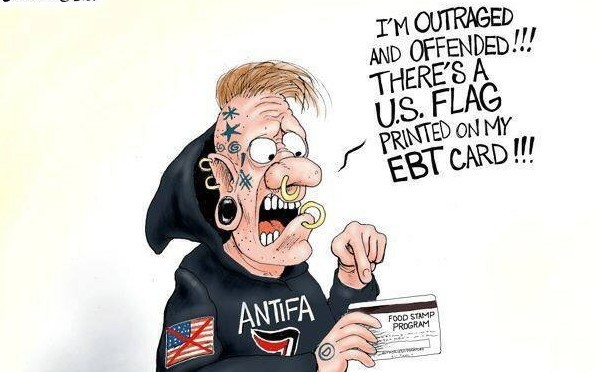 Cartoon: Antifa idiot offended by US flag on his EBT card