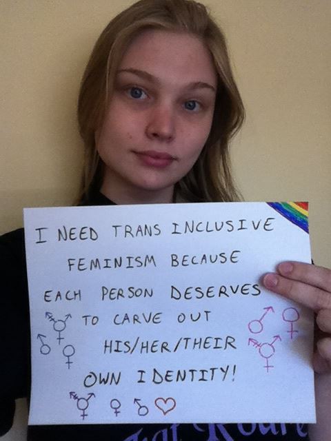 dippy girl with trans-inclusive feminism poster