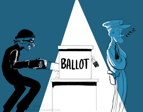 cartoon depicting a criminal tampering with a ballot box